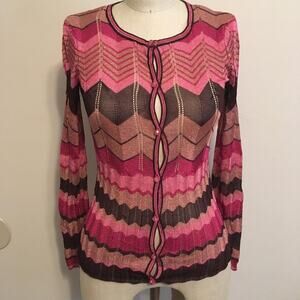 Cache Pink-Fuchsia-Rose Gold-Brown Metallic Chevron Print Cardigan Sweater XS